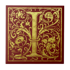 Azulejo Letra I Primera Letra Faux Gold Red