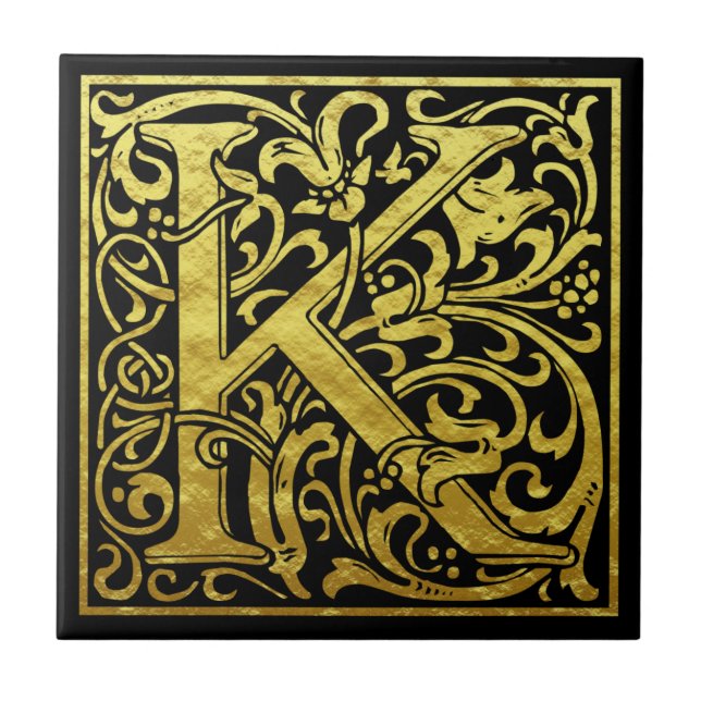 Azulejo Letra K primera letra Faux Gold Black (Frente)