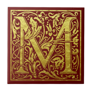 Azulejo Letra M primera letra faux dorado rojo