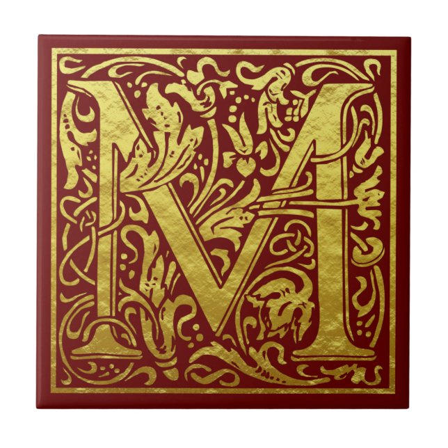 Azulejo Letra M primera letra faux dorado rojo (Frente)