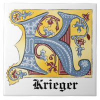 Letra medieval azul y roja marfil iluminada K