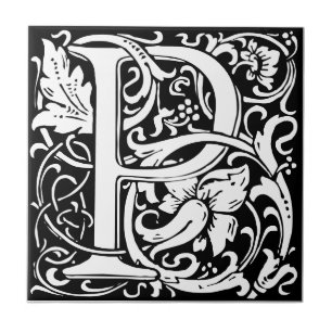 Azulejo Letra P art nouveau tile blanco y negro