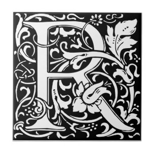 Azulejo Letra R art nouveau tile blanco y negro