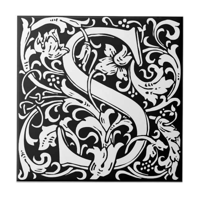 Azulejo Letra S art nouveau mosaico blanco y negro (Frente)