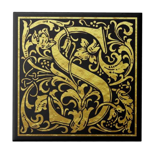 Azulejo Letra S primera letra Faux Gold Black (Frente)