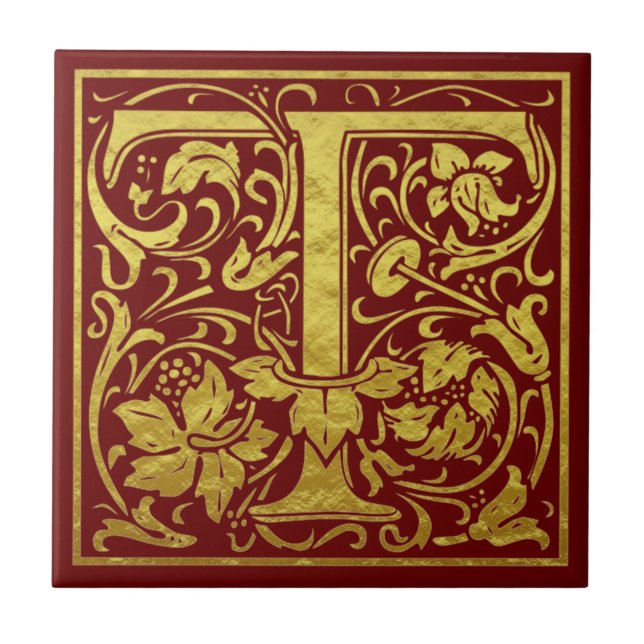 Azulejo Letra t primera letra faux dorado rojo (Frente)