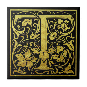 Azulejo Letra T Primera Letra Faux Gold Black