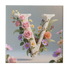 Azulejo Letra V Monograma Floral Blanca Texturizada