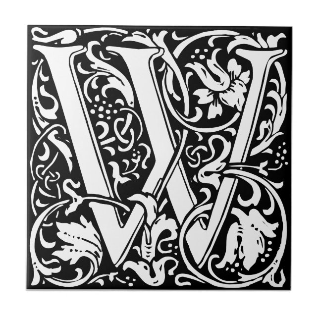 Azulejo Letra W art nouveau mosaico blanco y negro (Frente)
