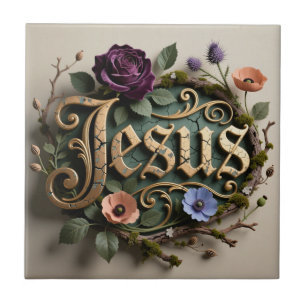 Azulejo Letrero de la palabra Jesús dorada floral antigua