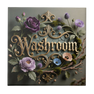 Azulejo Letrero de palabra de baño dorado floral antiguo
