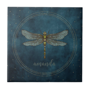 Azulejo Libélula mística celestial azul oscuro vintage