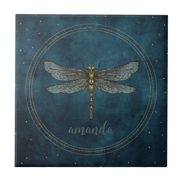 Azulejo Libélula mística celestial azul oscuro vintage  (Frente)