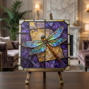 Azulejo Libélula púrpura dorada de vidrio falso teñido mos