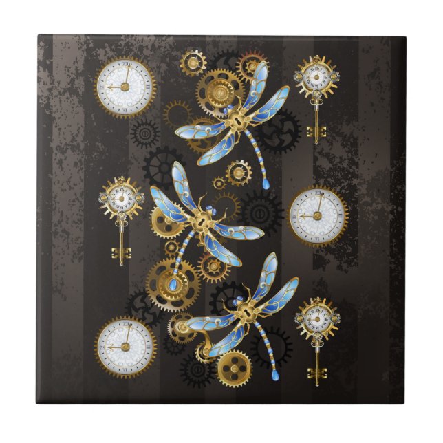 Azulejo Libélulas Steampunk sobre fondo rayado marrón (Frente)