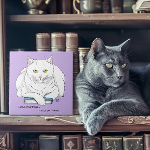 Azulejo Libro divertido de gato blanco leyendo humor púrpu