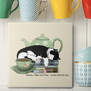 Azulejo Libros Acogedores Gato Esmoquin Té Tetera Verde Li
