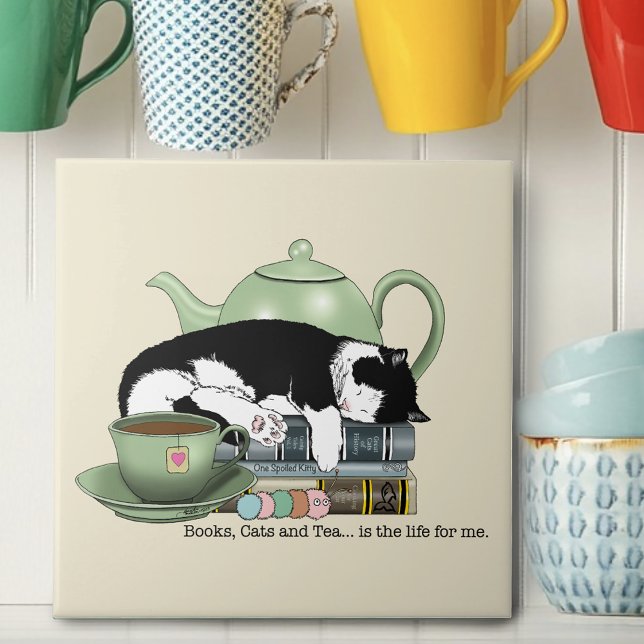 Azulejo Libros Acogedores Gato Esmoquin Té Tetera Verde Li (Subido por el creador)