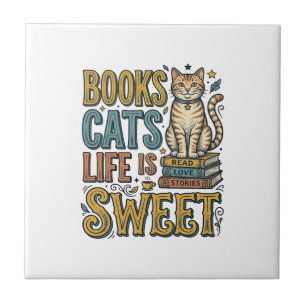 Azulejo Libros Gatos La Vida Es Dulce Diseño De Lector De