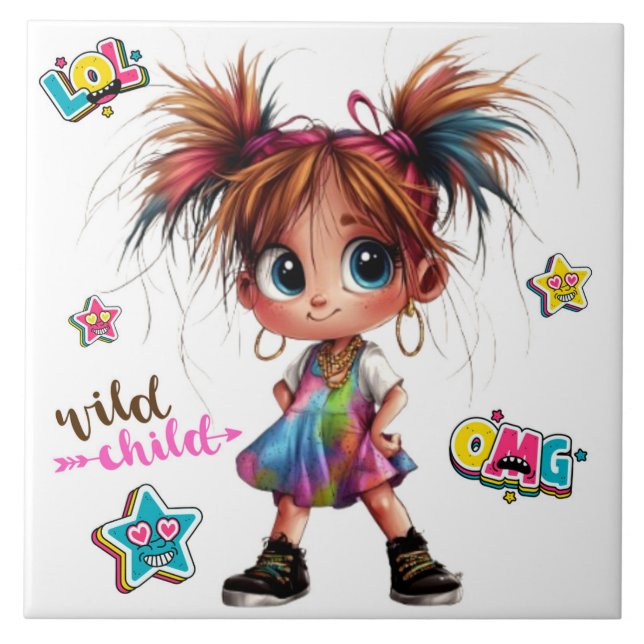 Azulejo Lil Quirky Chica Tile de cerámica infantil salvaje (Frente)
