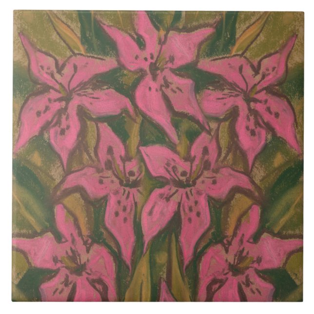 Azulejo Lilies rosas, pintura pastel, flores, arte floral (Frente)