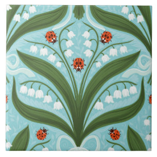Azulejo Lily del valle y la simetría de ladybugs en verde,