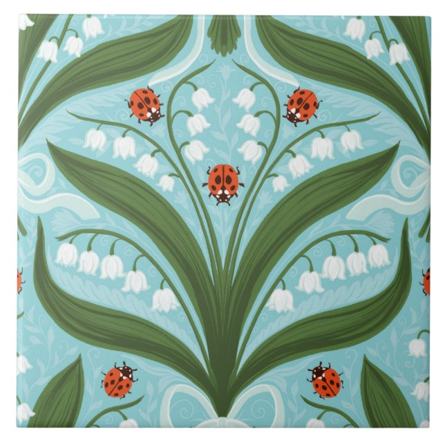 Azulejo Lily del valle y la simetría de ladybugs en verde, (Frente)