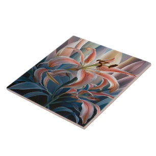 Azulejo Lily floreciendo entre hojas coloridas al atardece