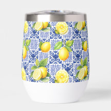 Azulejo Limón Azul Blanco Patrón Mediterráneo Cítr