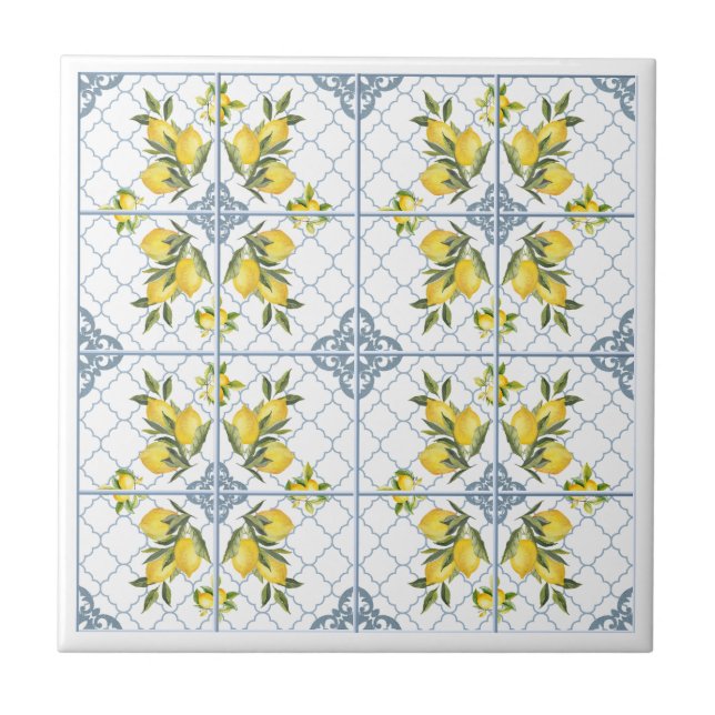 Azulejo Limón de País Francés con Acuarela Azul (Frente)