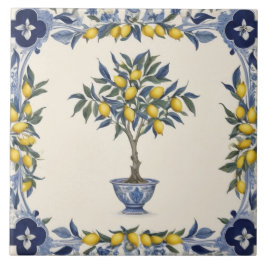 Azulejo Limón en maceta azul y blanca con borde de limones