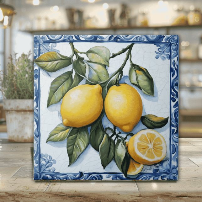 Azulejo Limón Vintage Siciliano con Borde Azul (Artisan Italian Lemons Ceramic Tile with blue painted border)