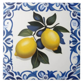 Azulejo Limones amarillos con borde azul y blanco