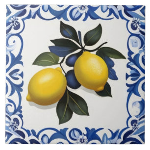 Azulejo Limones amarillos con borde azul y blanco