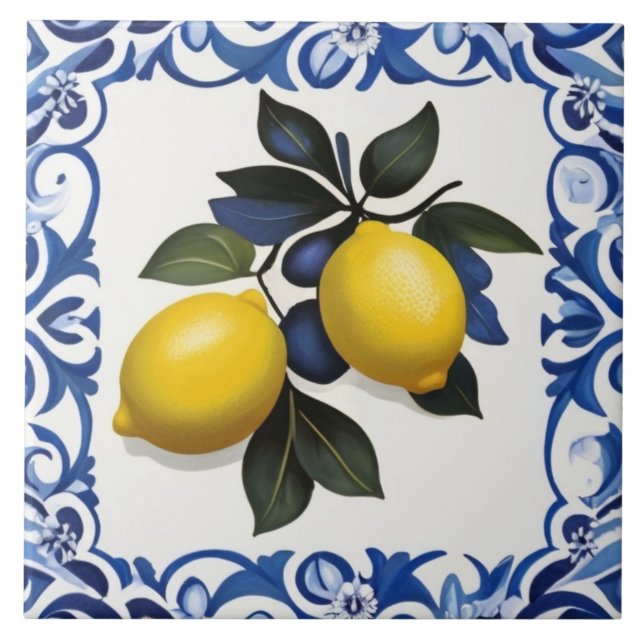 Azulejo Limones amarillos con borde azul y blanco (Frente)