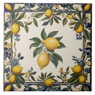 Azulejo Limones Amarillos Españoles Vintage Azul y Blanco