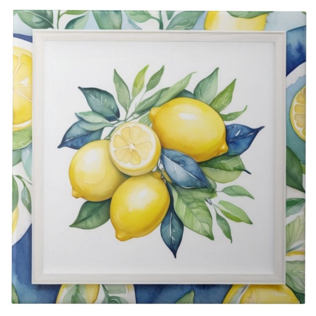 Azulejo Limones Azul Verde Amarillo Blanco Acuarela (Frente)