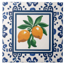 Azulejo Limones Azul y Blanco Patrón de Arte Popular Triba