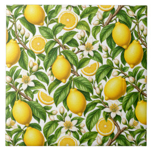 Azulejo Limones botánicos y flores blancas