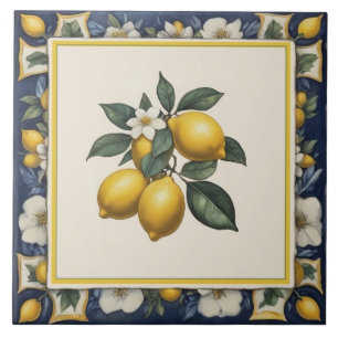 Azulejo Limones españoles en rama Hojas de limón Azul y Bl