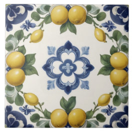 Azulejo Limones italianos y frutas cítricas con trébol azu