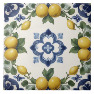 Azulejo Limones italianos y frutas cítricas con trébol azu
