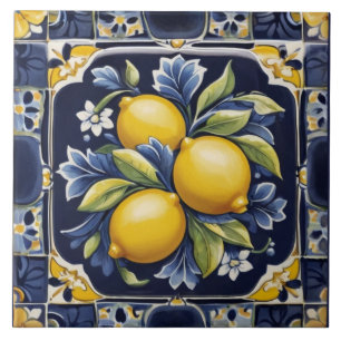Azulejo Limones Mediterráneo Azul Oscuro Arte Popular Ital