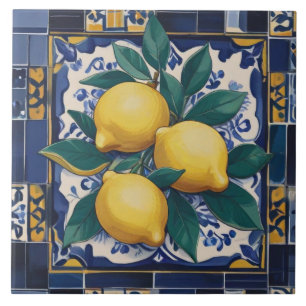 Azulejo Limones Mediterráneo Azul Oscuro y Amarillo Dorado