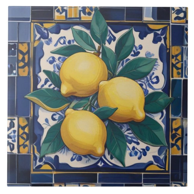 Azulejo Limones Mediterráneo Azul Oscuro y Amarillo Dorado (Frente)