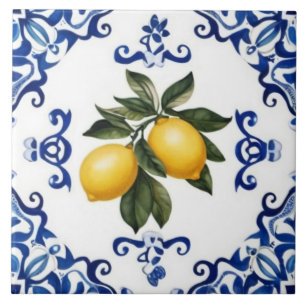 Azulejo Limones mediterráneos con borde azul y blanco