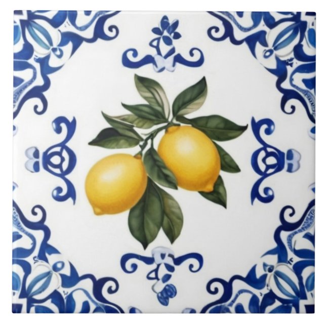 Azulejo Limones mediterráneos con borde azul y blanco (Frente)