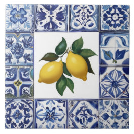 Azulejo Limones Talavera - Mediterráneo azul y blanco