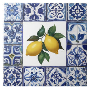 Azulejo Limones Talavera - Mediterráneo azul y blanco