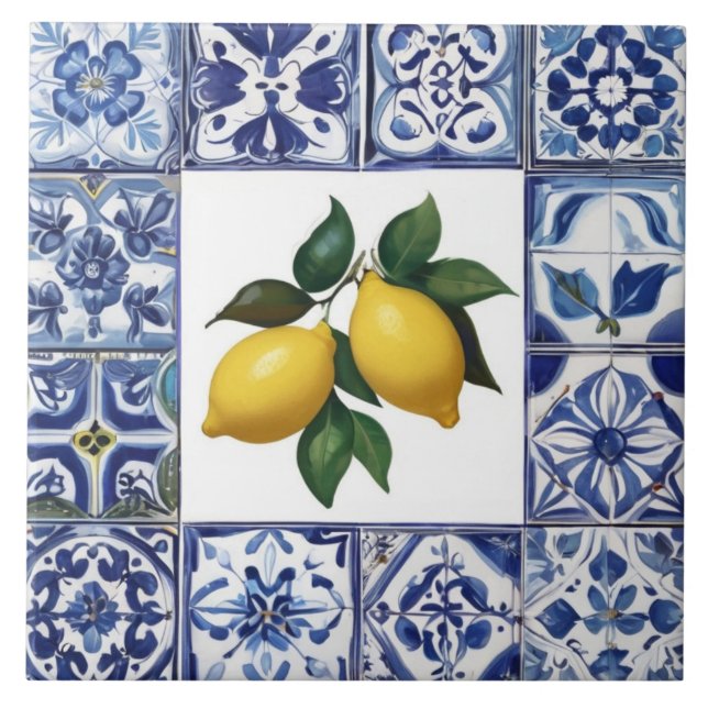 Azulejo Limones Talavera - Mediterráneo azul y blanco (Frente)